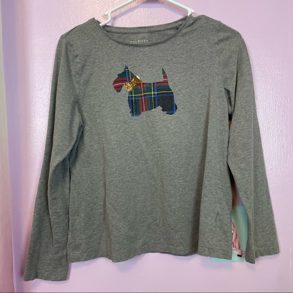 Talbots Petites Gray Scottish Terrier Dog Long Sleeve Cotton Top